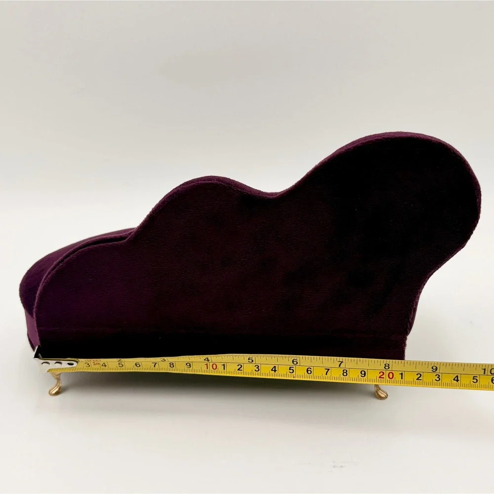 Burgundy Velvet Chaise Lounge Jewelry Box Miniature Sofa with Mirror & Ring